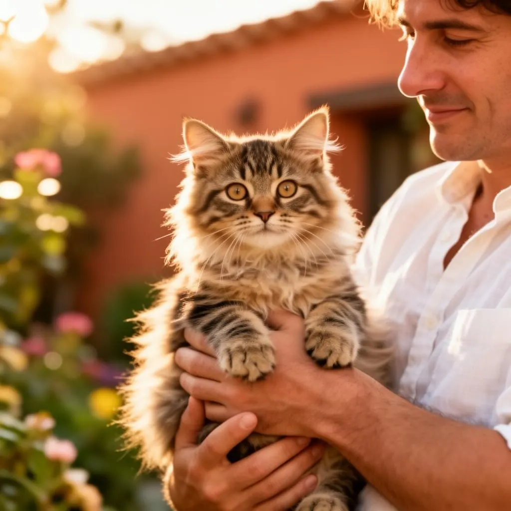 A rescued cat being lovingly held in a sunny Algarve garden